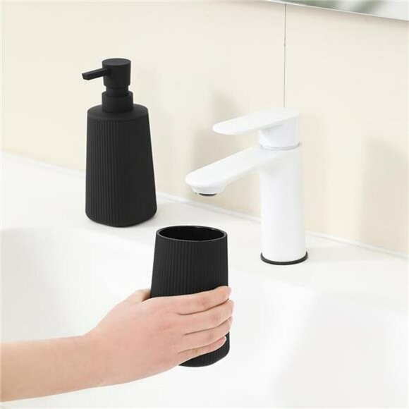 Black Bathroom Soap Dispenser Toothbrush Holder Set Countertop Organizer - Picture 6 of 7